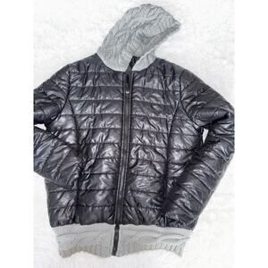 Women’s Black Military Puffer Jacket W/gray Sweater Hood Hem. Sz. L (see Specs)